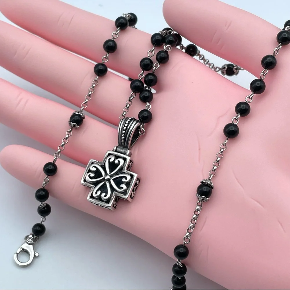 Victorian Gothic Revival 925 Silver Cross Necklace – Black Onyx Beaded Chain